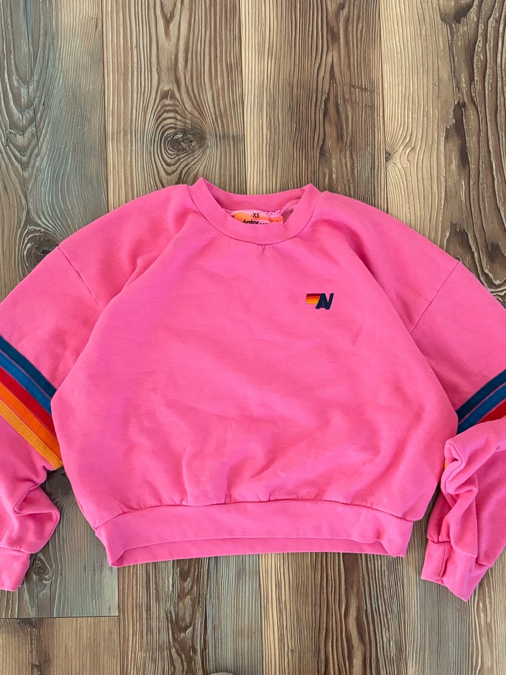 Aviator Nation Rainbow Stitch Sweatshirt XS Paris Pink Retro Boho sporty Surf